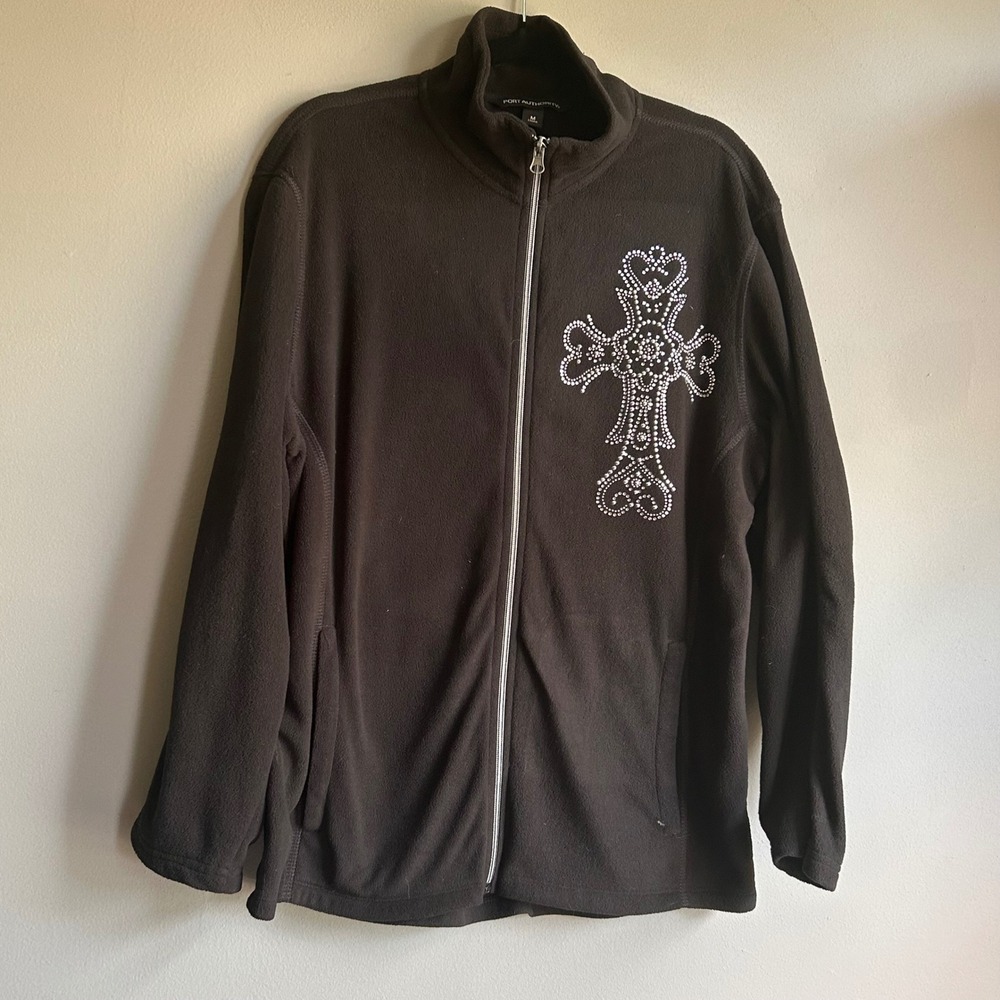 Port Authority Mens Black Rhinestone Cross Full Zip Fleece Jacket Medium Gothic